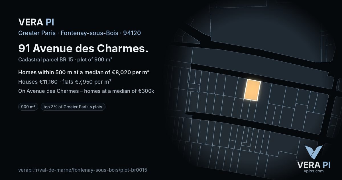 91 Avenue des Charmes, Fontenay-sous-Bois at night – the plot lit, the parcels around coloured by the prices near them
