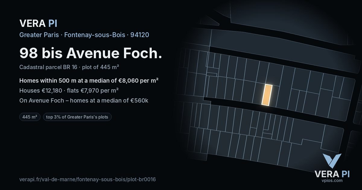 98 bis Avenue Foch, Fontenay-sous-Bois at night – the plot lit, the parcels around coloured by the prices near them