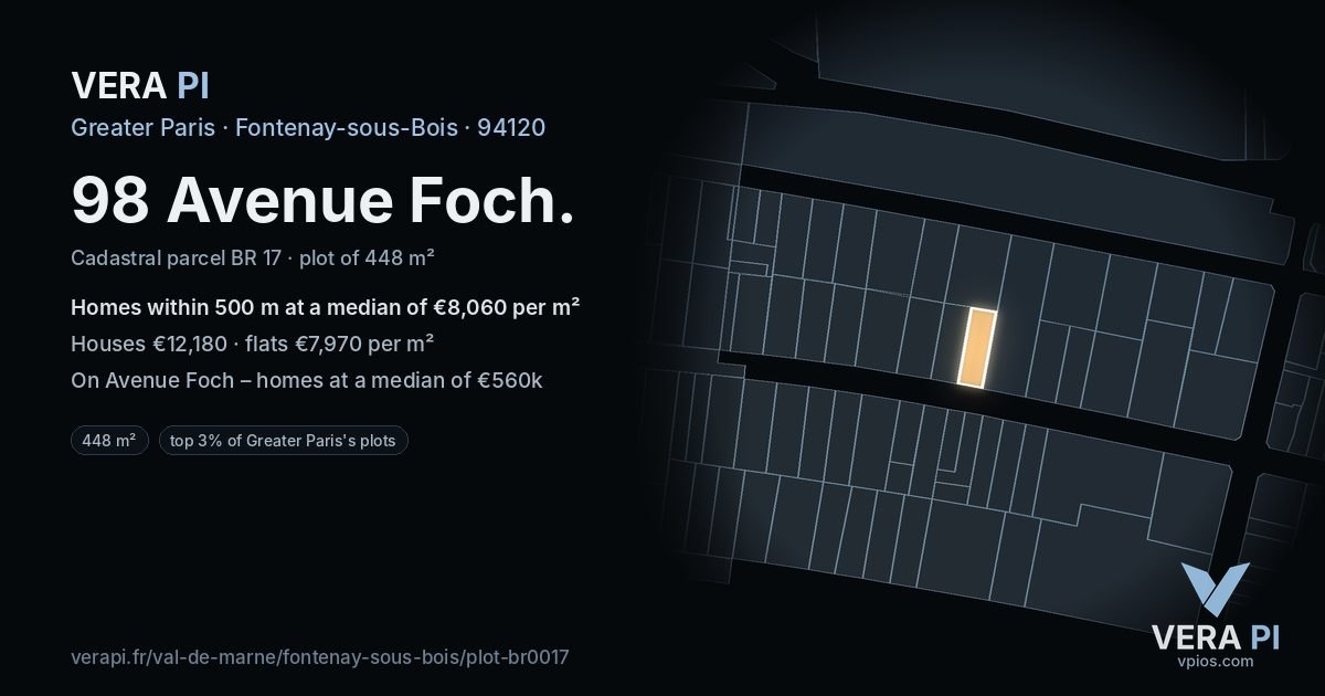 98 Avenue Foch, Fontenay-sous-Bois at night – the plot lit, the parcels around coloured by the prices near them