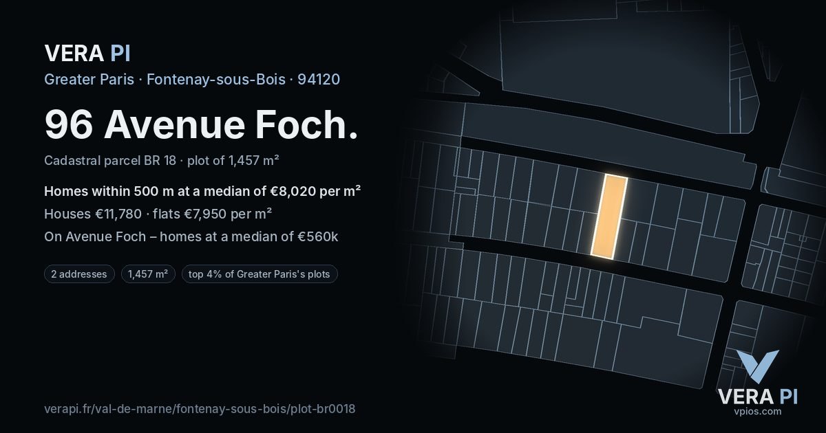 96 Avenue Foch, Fontenay-sous-Bois at night – the plot lit, the parcels around coloured by the prices near them