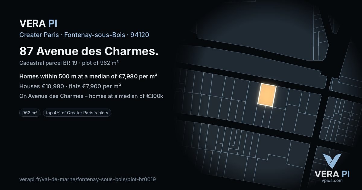 87 Avenue des Charmes, Fontenay-sous-Bois at night – the plot lit, the parcels around coloured by the prices near them