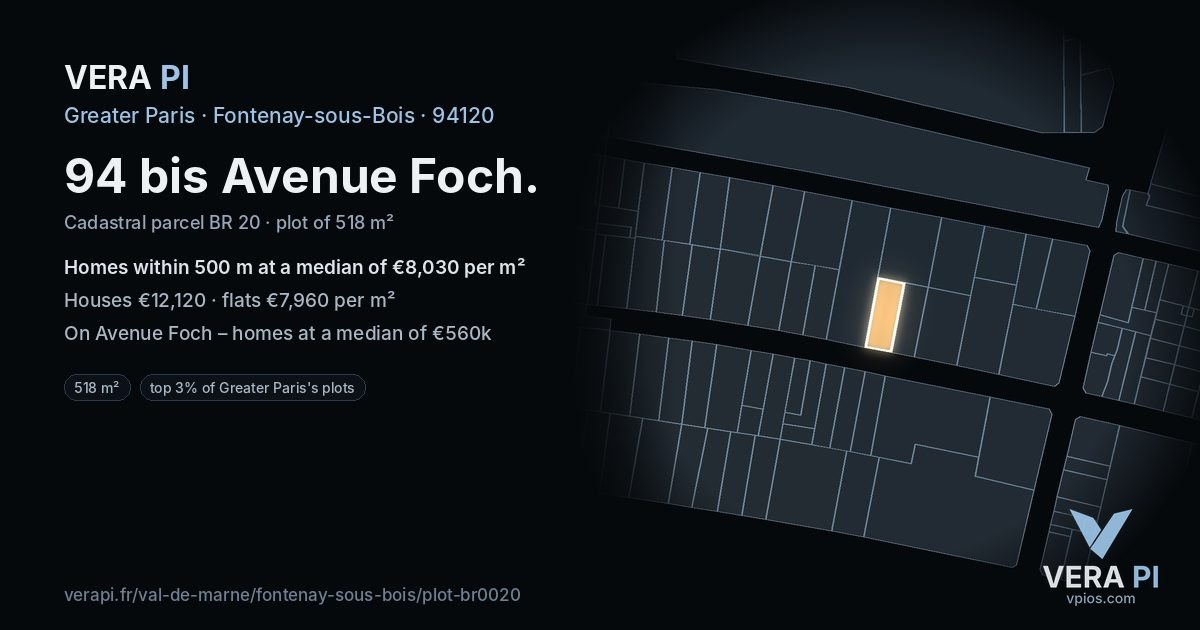 94 bis Avenue Foch, Fontenay-sous-Bois at night – the plot lit, the parcels around coloured by the prices near them