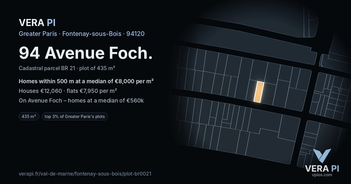 94 Avenue Foch, Fontenay-sous-Bois at night – the plot lit, the parcels around coloured by the prices near them