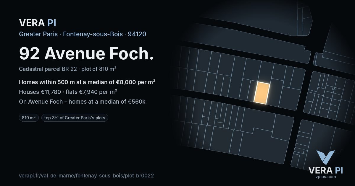 92 Avenue Foch, Fontenay-sous-Bois at night – the plot lit, the parcels around coloured by the prices near them