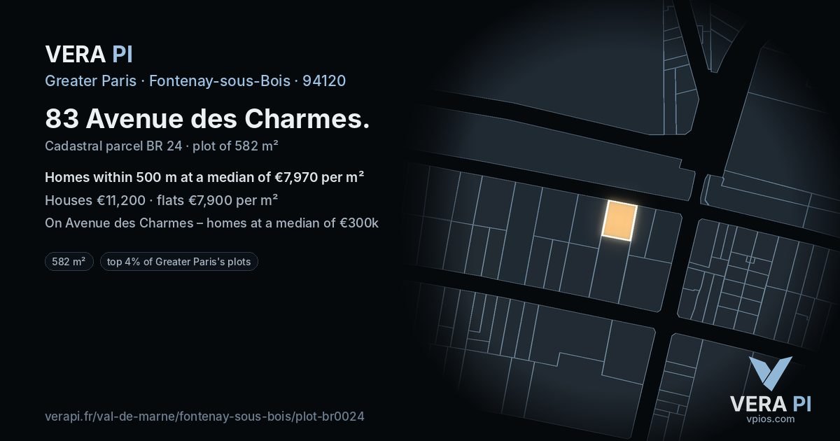 83 Avenue des Charmes, Fontenay-sous-Bois at night – the plot lit, the parcels around coloured by the prices near them