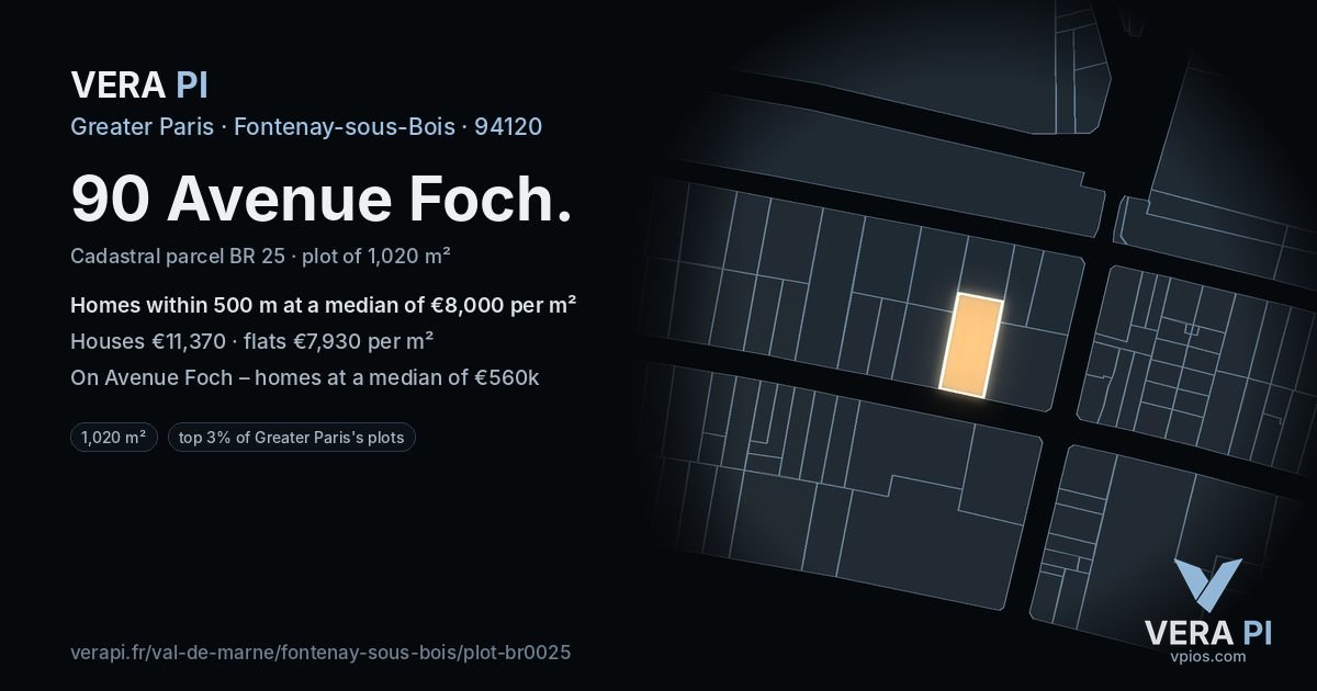 90 Avenue Foch, Fontenay-sous-Bois at night – the plot lit, the parcels around coloured by the prices near them