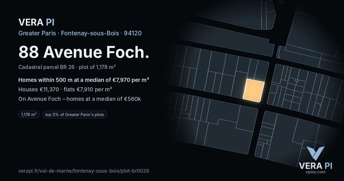 88 Avenue Foch, Fontenay-sous-Bois at night – the plot lit, the parcels around coloured by the prices near them