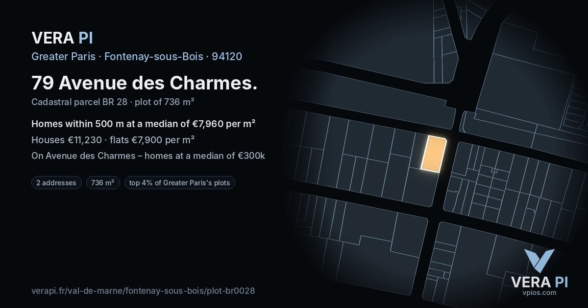 79 Avenue des Charmes, Fontenay-sous-Bois at night – the plot lit, the parcels around coloured by the prices near them