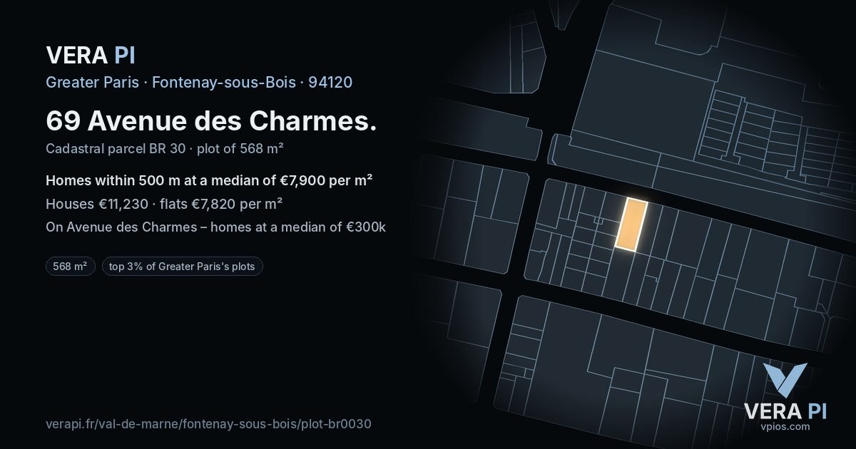 69 Avenue des Charmes, Fontenay-sous-Bois at night – the plot lit, the parcels around coloured by the prices near them