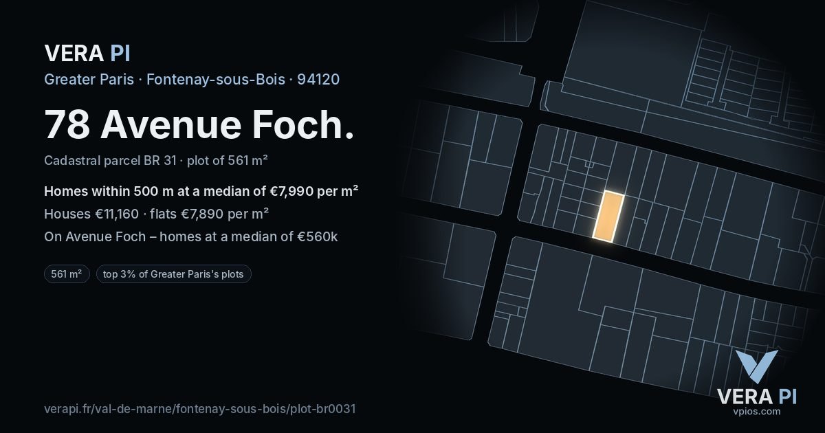 78 Avenue Foch, Fontenay-sous-Bois at night – the plot lit, the parcels around coloured by the prices near them