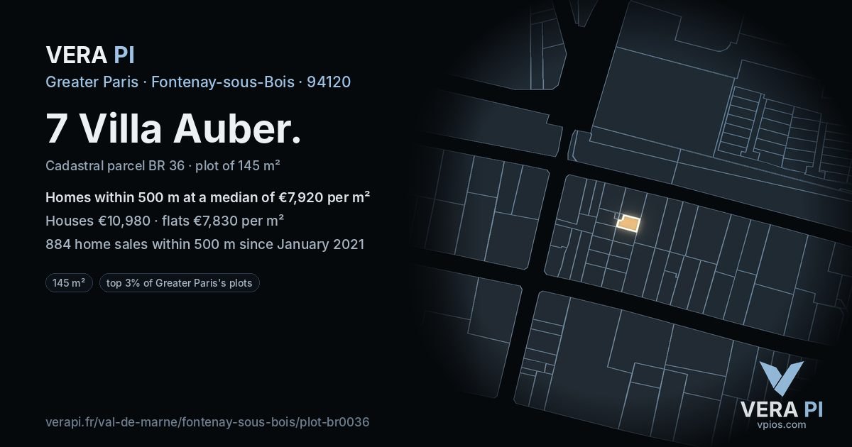 7 Villa Auber, Fontenay-sous-Bois at night – the plot lit, the parcels around coloured by the prices near them