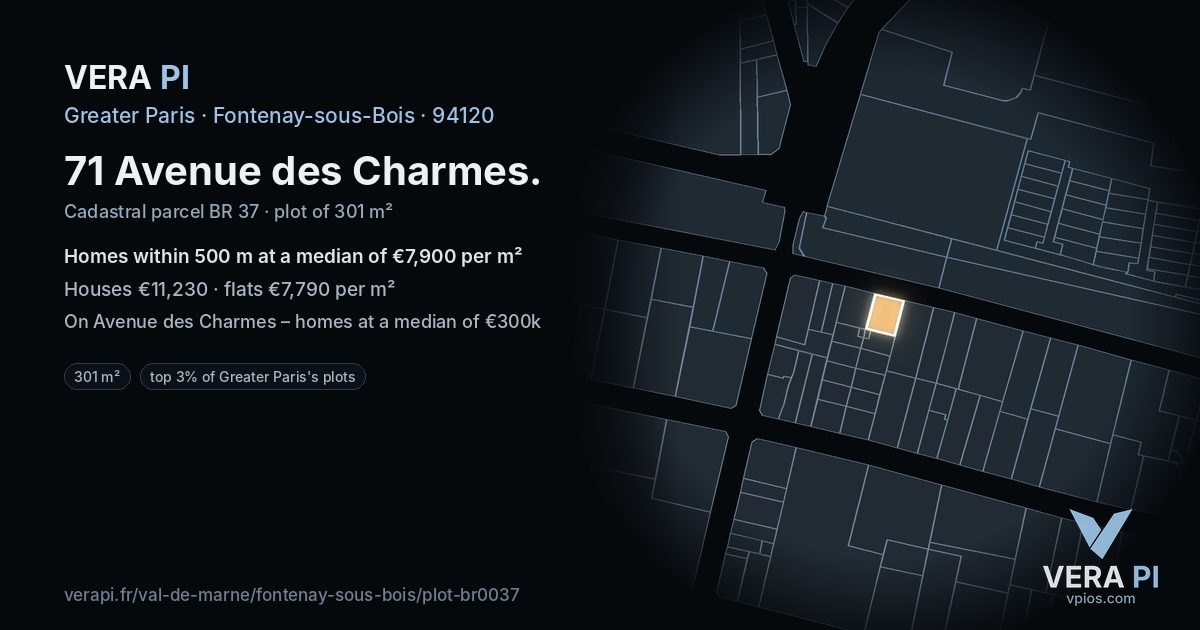 71 Avenue des Charmes, Fontenay-sous-Bois at night – the plot lit, the parcels around coloured by the prices near them