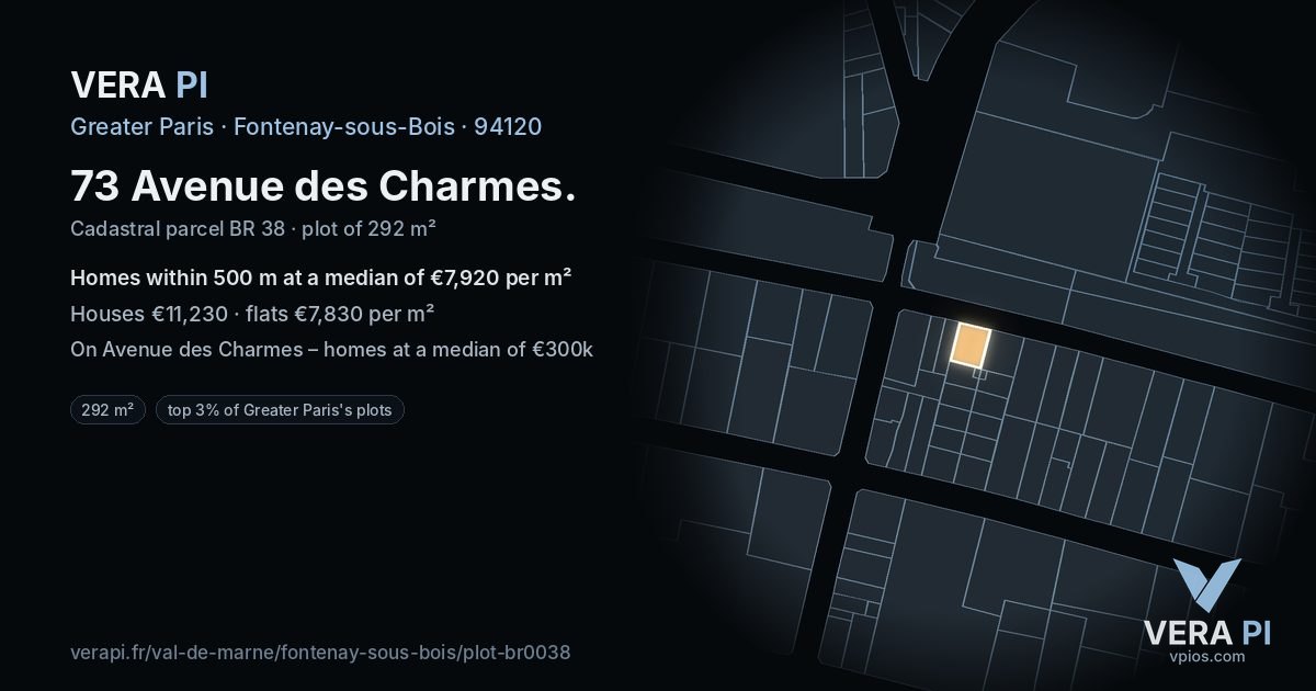 73 Avenue des Charmes, Fontenay-sous-Bois at night – the plot lit, the parcels around coloured by the prices near them