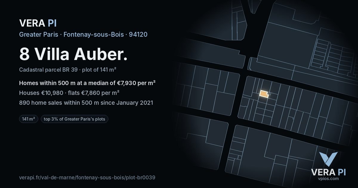 8 Villa Auber, Fontenay-sous-Bois at night – the plot lit, the parcels around coloured by the prices near them
