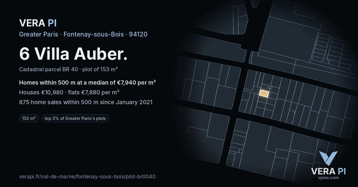 6 Villa Auber, Fontenay-sous-Bois at night – the plot lit, the parcels around coloured by the prices near them