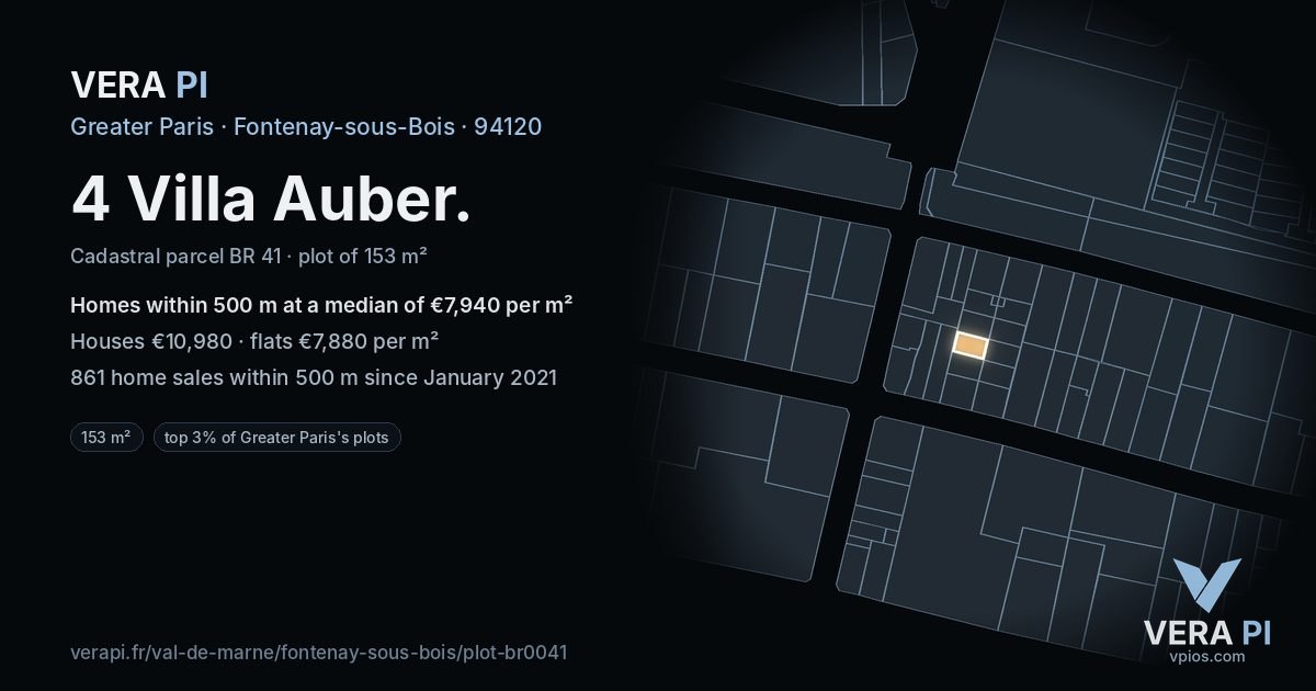 4 Villa Auber, Fontenay-sous-Bois at night – the plot lit, the parcels around coloured by the prices near them