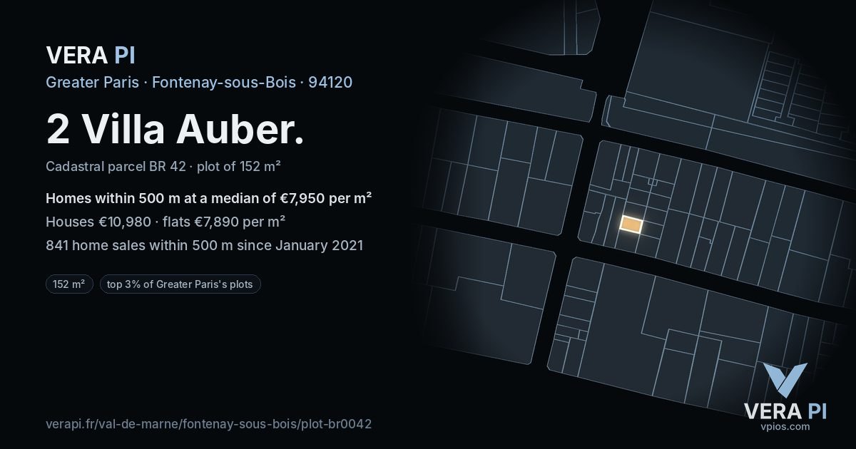 2 Villa Auber, Fontenay-sous-Bois at night – the plot lit, the parcels around coloured by the prices near them