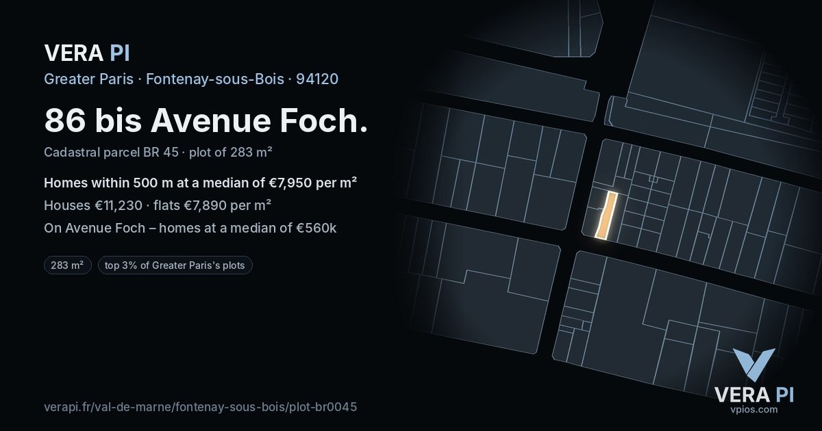 86 bis Avenue Foch, Fontenay-sous-Bois at night – the plot lit, the parcels around coloured by the prices near them