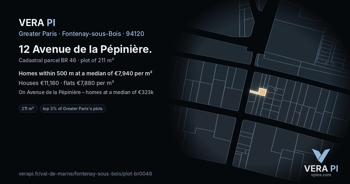 12 Avenue de la Pépinière, Fontenay-sous-Bois at night – the plot lit, the parcels around coloured by the prices near them