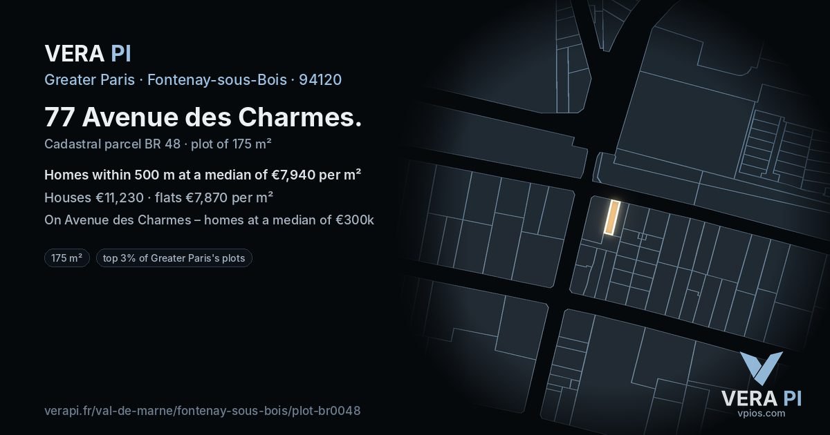 77 Avenue des Charmes, Fontenay-sous-Bois at night – the plot lit, the parcels around coloured by the prices near them