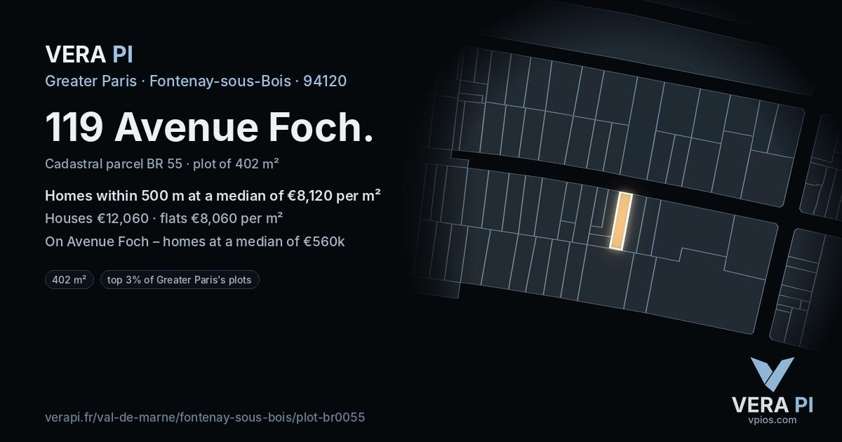 119 Avenue Foch, Fontenay-sous-Bois at night – the plot lit, the parcels around coloured by the prices near them