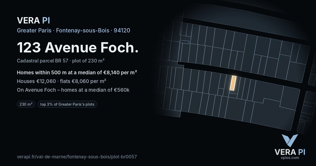 123 Avenue Foch, Fontenay-sous-Bois at night – the plot lit, the parcels around coloured by the prices near them