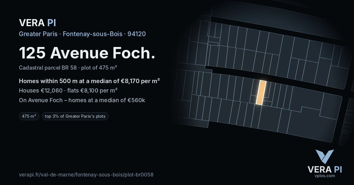 125 Avenue Foch, Fontenay-sous-Bois at night – the plot lit, the parcels around coloured by the prices near them