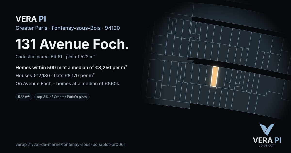 131 Avenue Foch, Fontenay-sous-Bois at night – the plot lit, the parcels around coloured by the prices near them