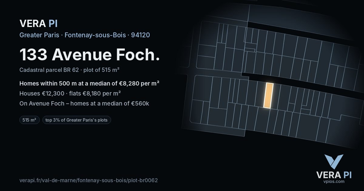 133 Avenue Foch, Fontenay-sous-Bois at night – the plot lit, the parcels around coloured by the prices near them