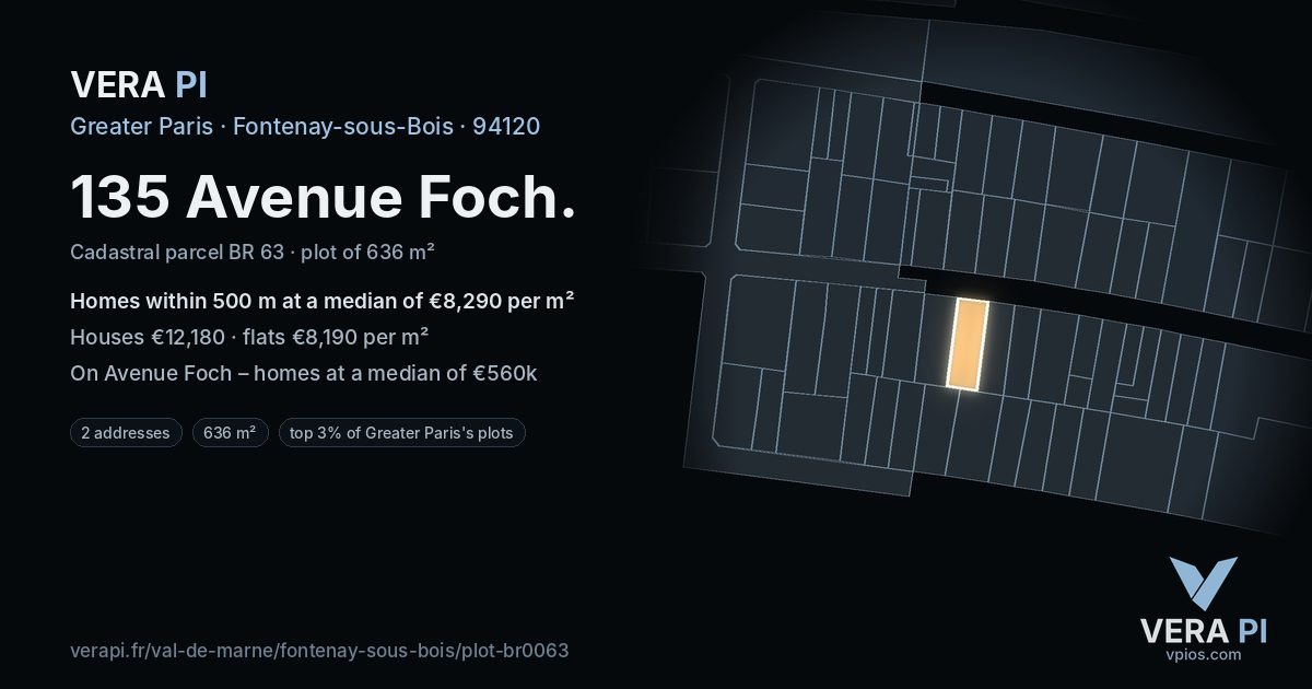 135 Avenue Foch, Fontenay-sous-Bois at night – the plot lit, the parcels around coloured by the prices near them