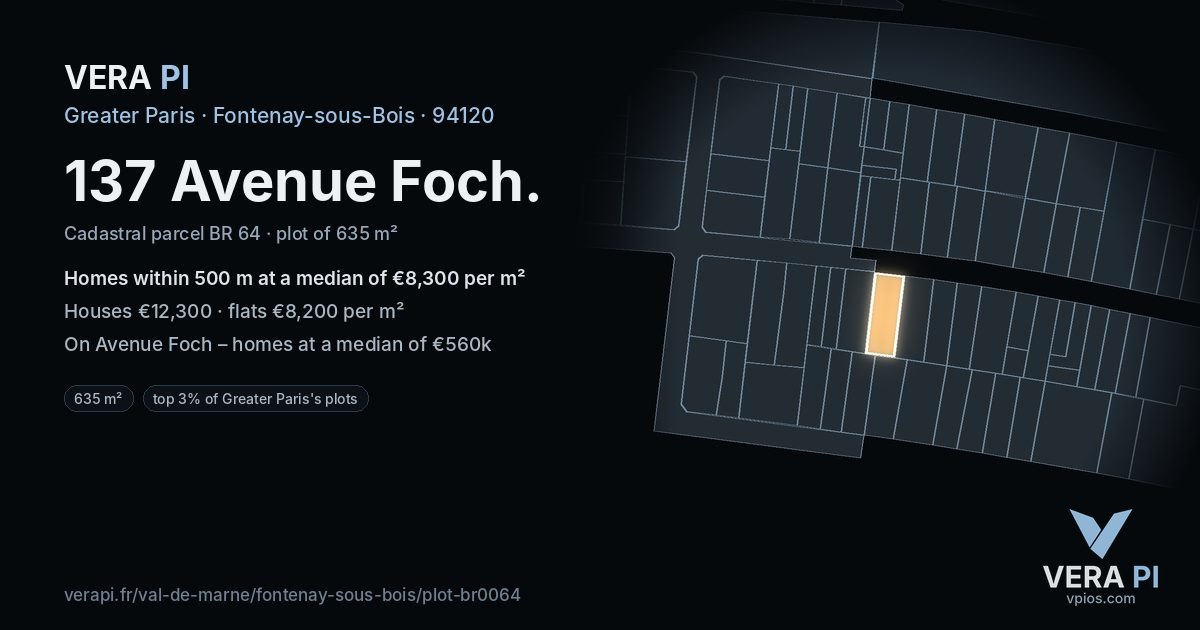 137 Avenue Foch, Fontenay-sous-Bois at night – the plot lit, the parcels around coloured by the prices near them