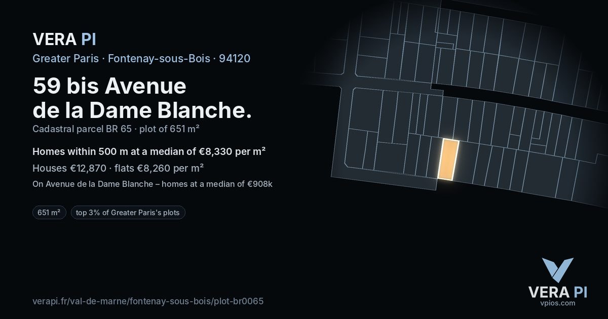 59 bis Avenue de la Dame Blanche, Fontenay-sous-Bois at night – the plot lit, the parcels around coloured by the prices near them