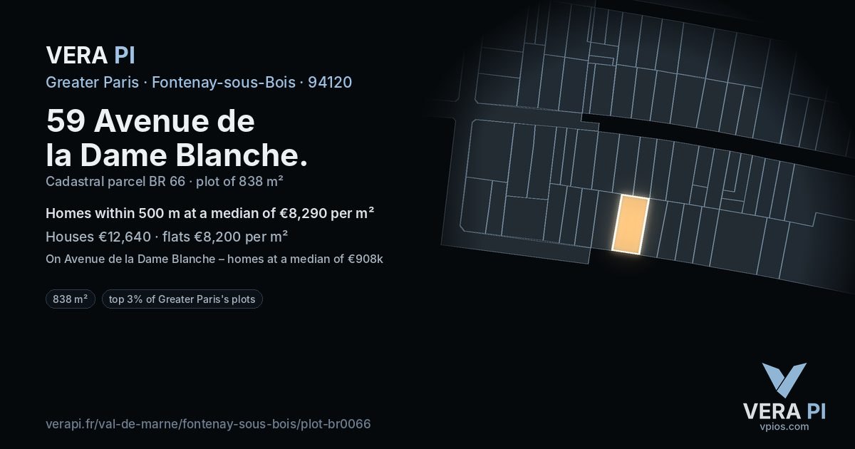 59 Avenue de la Dame Blanche, Fontenay-sous-Bois at night – the plot lit, the parcels around coloured by the prices near them