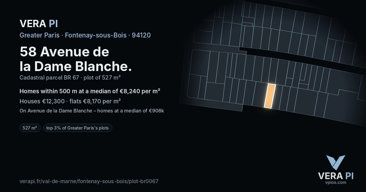 58 Avenue de la Dame Blanche, Fontenay-sous-Bois at night – the plot lit, the parcels around coloured by the prices near them