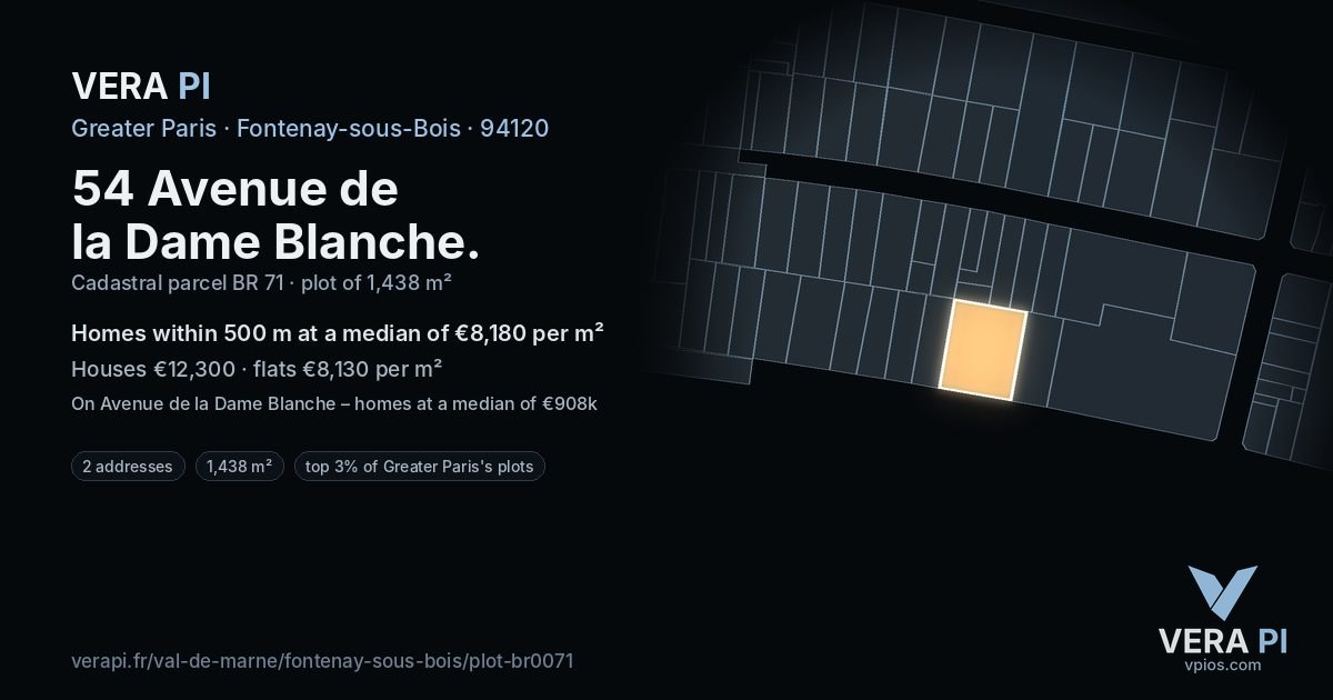 54 Avenue de la Dame Blanche, Fontenay-sous-Bois at night – the plot lit, the parcels around coloured by the prices near them