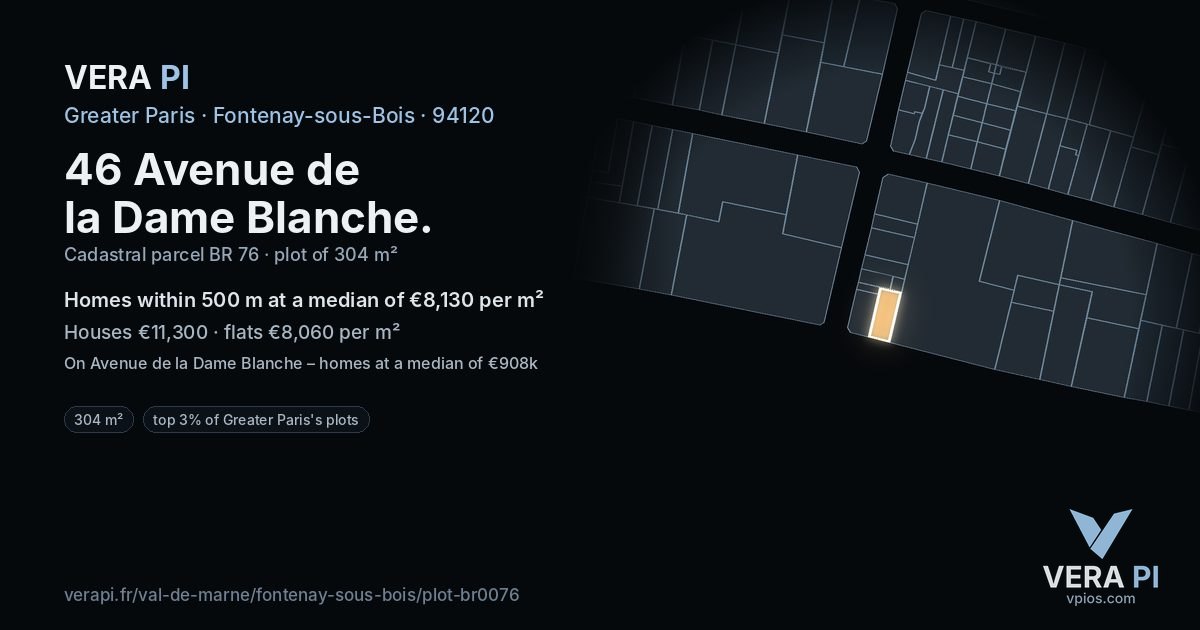 46 Avenue de la Dame Blanche, Fontenay-sous-Bois at night – the plot lit, the parcels around coloured by the prices near them