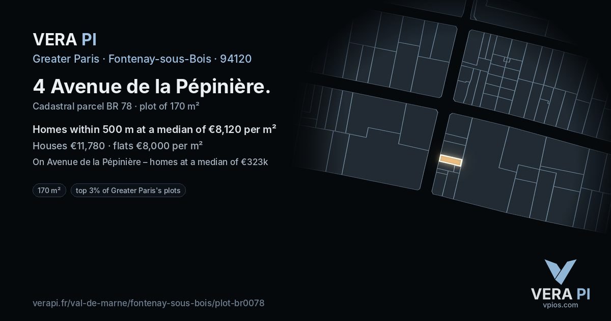 4 Avenue de la Pépinière, Fontenay-sous-Bois at night – the plot lit, the parcels around coloured by the prices near them