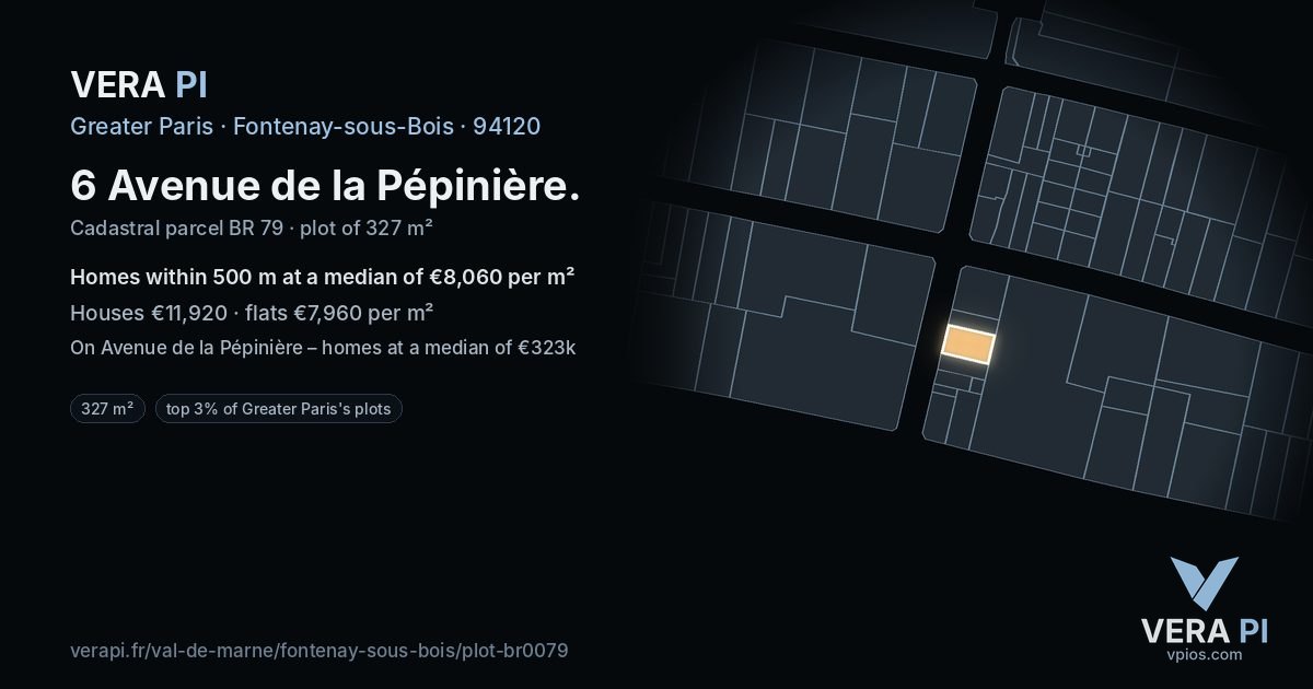 6 Avenue de la Pépinière, Fontenay-sous-Bois at night – the plot lit, the parcels around coloured by the prices near them