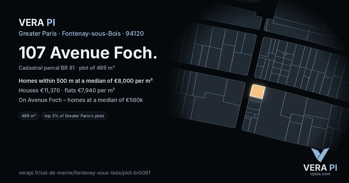 107 Avenue Foch, Fontenay-sous-Bois at night – the plot lit, the parcels around coloured by the prices near them