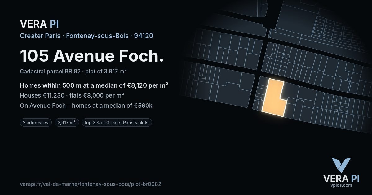 105 Avenue Foch, Fontenay-sous-Bois at night – the plot lit, the parcels around coloured by the prices near them