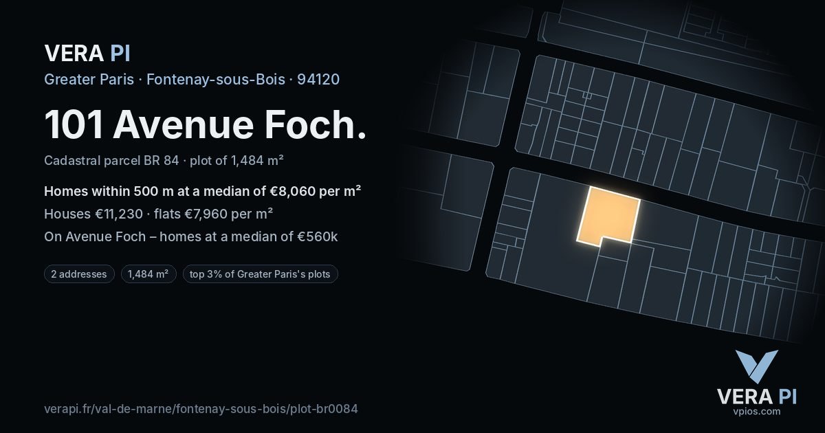 101 Avenue Foch, Fontenay-sous-Bois at night – the plot lit, the parcels around coloured by the prices near them