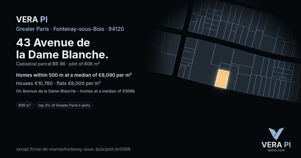 43 Avenue de la Dame Blanche, Fontenay-sous-Bois at night – the plot lit, the parcels around coloured by the prices near them