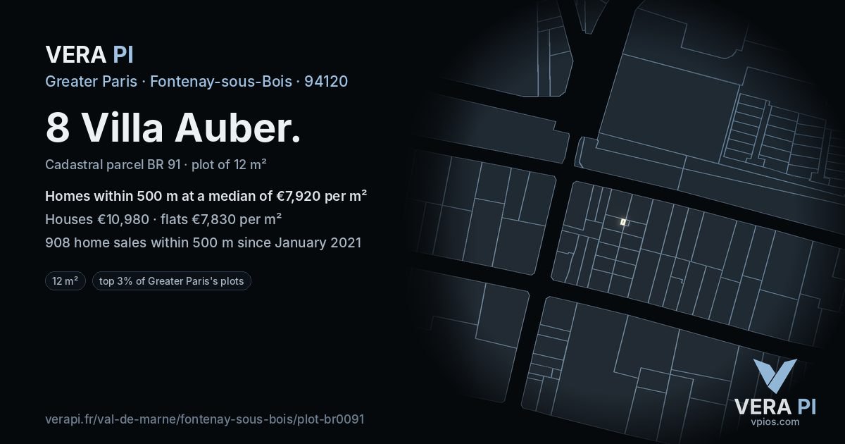 8 Villa Auber, Fontenay-sous-Bois at night – the plot lit, the parcels around coloured by the prices near them