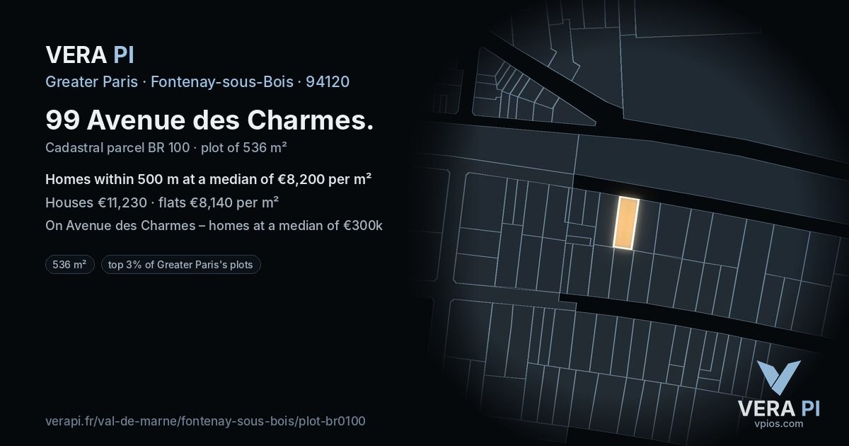 99 Avenue des Charmes, Fontenay-sous-Bois at night – the plot lit, the parcels around coloured by the prices near them
