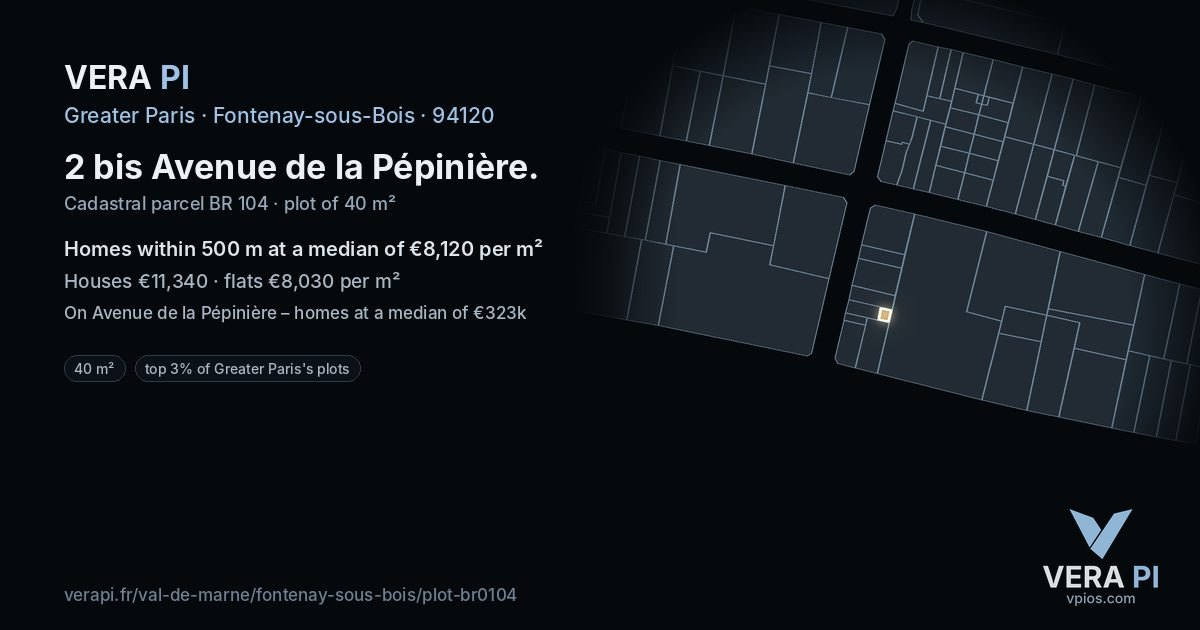 2 bis Avenue de la Pépinière, Fontenay-sous-Bois at night – the plot lit, the parcels around coloured by the prices near them