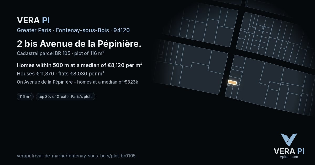 2 bis Avenue de la Pépinière, Fontenay-sous-Bois at night – the plot lit, the parcels around coloured by the prices near them