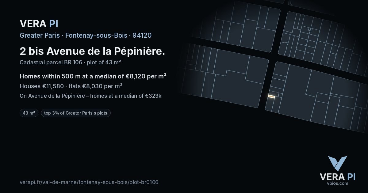 2 bis Avenue de la Pépinière, Fontenay-sous-Bois at night – the plot lit, the parcels around coloured by the prices near them