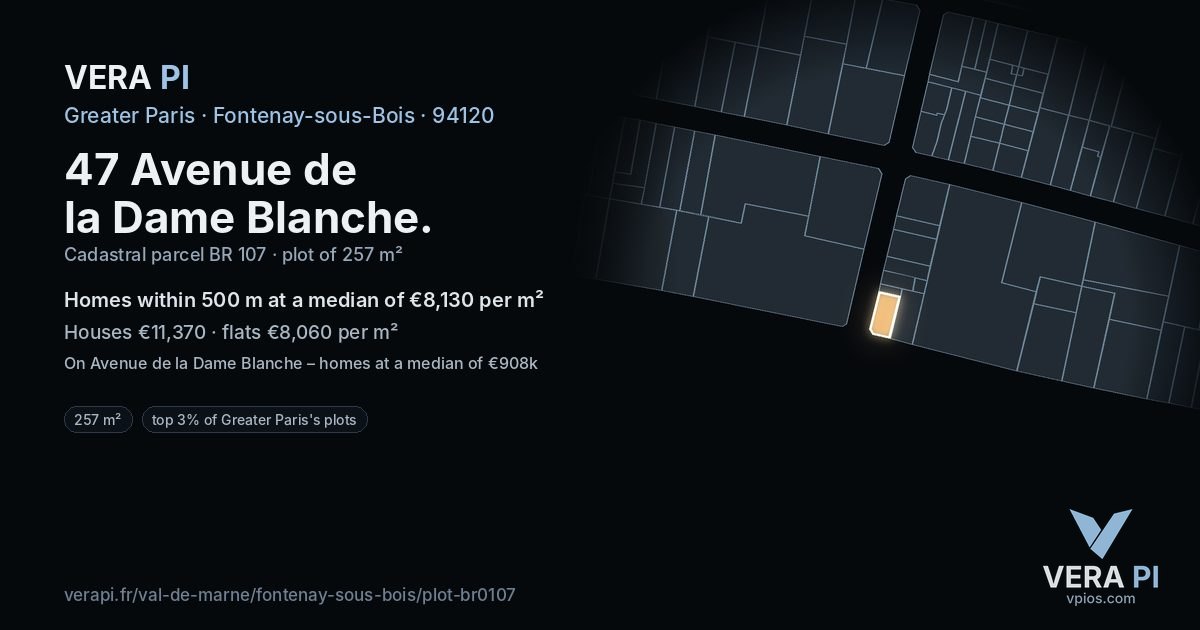 47 Avenue de la Dame Blanche, Fontenay-sous-Bois at night – the plot lit, the parcels around coloured by the prices near them