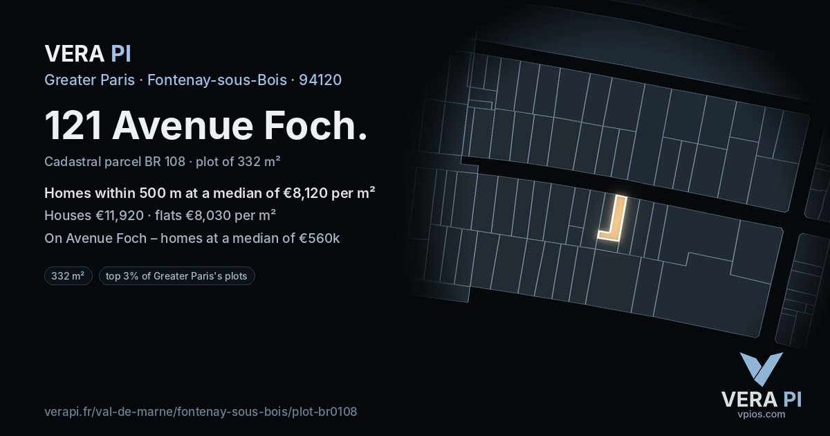 121 Avenue Foch, Fontenay-sous-Bois at night – the plot lit, the parcels around coloured by the prices near them