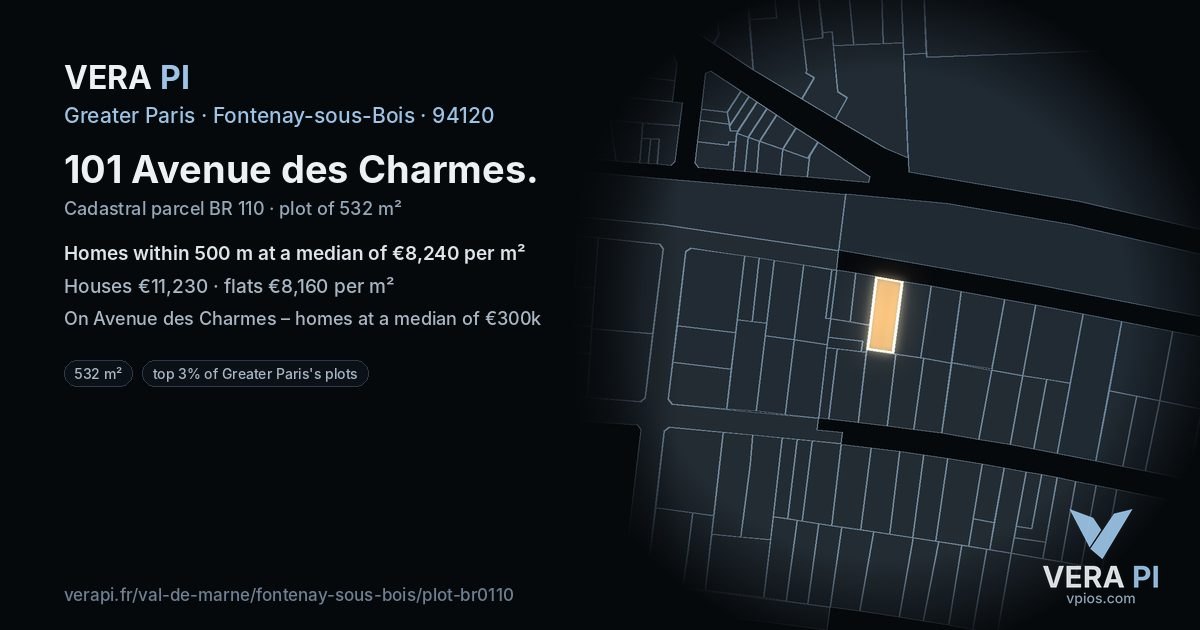 101 Avenue des Charmes, Fontenay-sous-Bois at night – the plot lit, the parcels around coloured by the prices near them